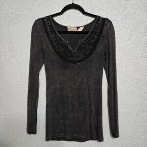 Gimmicks Womens Ribbed Rosette Acid Wash Long Sleeve Top Size M Y2K Whimsigoth